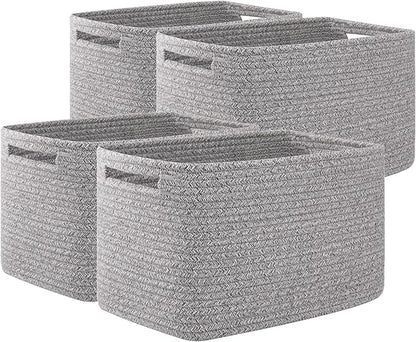 OIAHOMY 4 Pack Storage Baskets for Organizing, Cube Storage Bins for Shelves, Rectangle Storage Baskets With Handles, Woven Baskets for Storage, 12.7''Lx9''Wx7.8''H, Grey