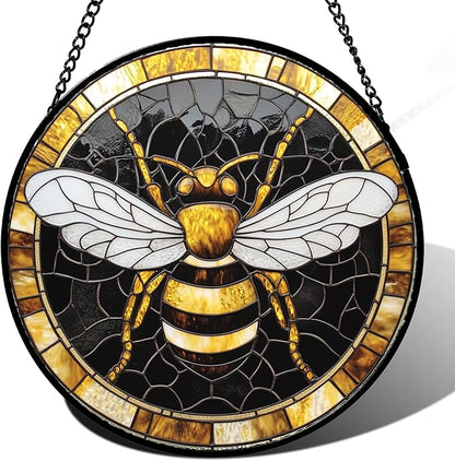 Stained Glass Window Hanging - Black Gold Bee White Wings Sun Catcher for Door Home Decor Insect Suncatcher Christmas Mother's Day Birthday Gifts for Women Men Lovers Mom Nana 9.8 in