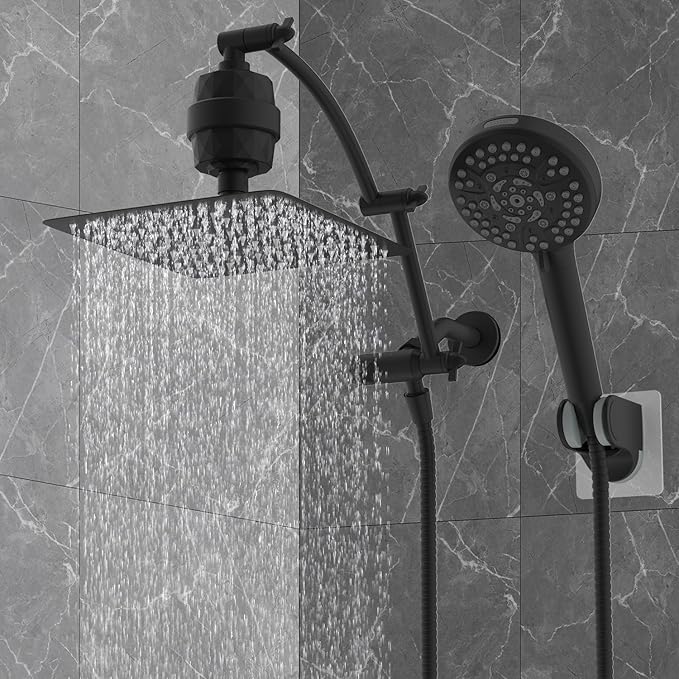 Hibbent All Metal 10'' Dual Filtered Rainfall Shower Head Combo, High Pressure Handheld Shower Head with 16'' Adjustable Extension Arm, 20 Stage Shower Filter, 10-spray, 71'' Shower Hose, Matte Black