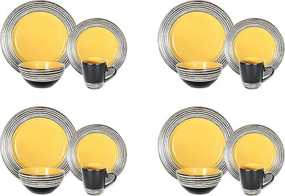 16 Piece Dinnerware Set, Ceramic Plates and Bowls Sets for 4, Microwave and Dishwasher Safe, Handcrafted Tree Bark Series Dish Set, Sunflower/Yellow