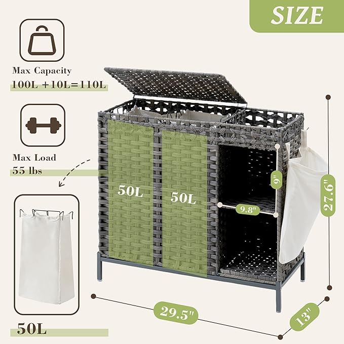 Laundry Hamper with Lid, 110L (29.1 Gal) Rattan Laundry Hamper 2 Section with 50L (13.2 Gal) Storage Shelf, Wicker Woven Laundry Sorter Basket with 3 Liner Bags and Handles, Gray GLH002G