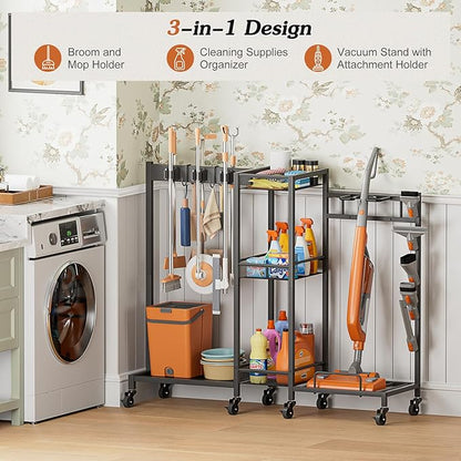 Broom Holder with Cleaning Supplies Organizer, Broom Closet Storage Cabinet with Cleaning Caddy Vacuum Stand, Cleaning Cart with Mop Hanger Gripper Rack Hook, Laundry Room Organization Home Essentials