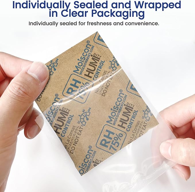 30 Pack 75% RH Size 8 Two-Way Humidity Control Packs for Storing Up to 5 Items, 8 Gram Moisture Control Packets Individually Wrapped for Small Non-Plastic Travel Cases