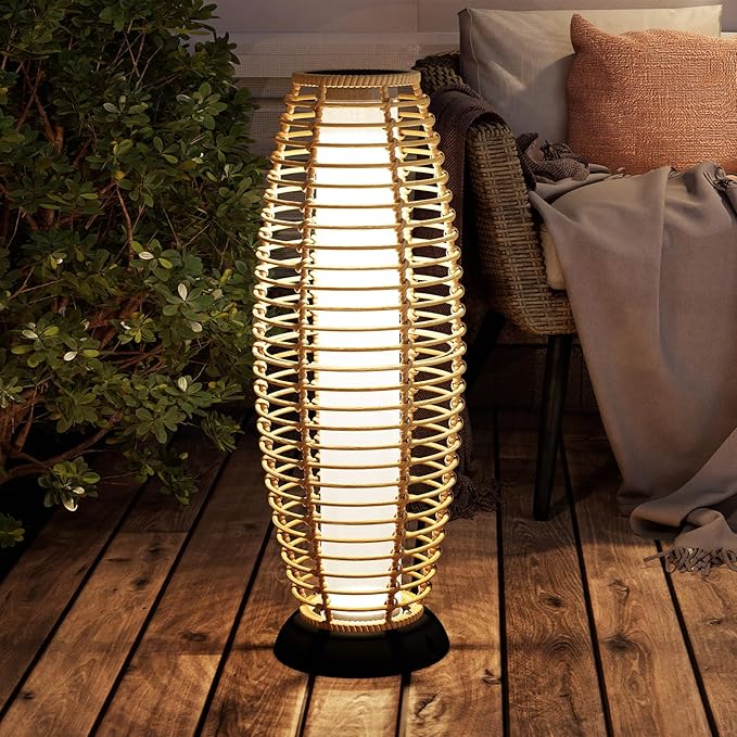 Grand patio Floor Lamp Outdoor Lamp Patio Lights Solar Powered Lantern Weather-Resistant Wicker Deck Lights, Lamp Large-Sized for Garden (Austin Natural Brown)