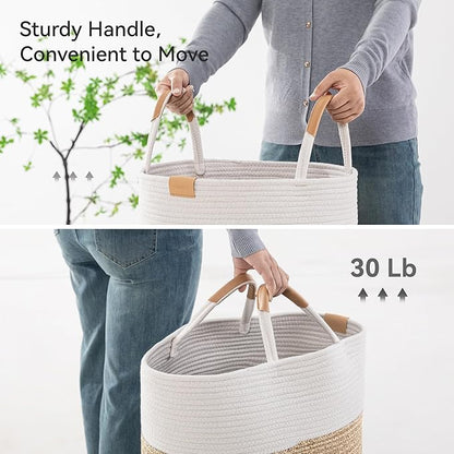 62L Striped Laundry Hamper with Leather Handles,Large Foldable Laundry Basket for Clothes,Cotton Rope Storage Bin for Blankets,Woven Clothes Basket for Bedroom, Beige Stripes