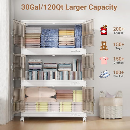 BROVIEW 360Qt Stackable Storage Bins with Lid, Extra Large Closet Organizer Collapsible Drawer Boxes with Wheels, Folding Plastic Cabinet Containers for Home Kitchen Room Organization, 3Pack White