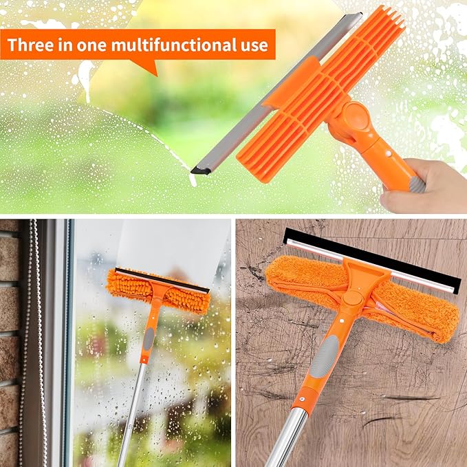 Professional 72'' Window Squeegee Cleaning Washing Tool/Kit with Extension Pole, 3 in 1 Squeegee for Window Cleaning Kit for High Window with 1 Rotatable Head 4 Interchangeable Scrubber