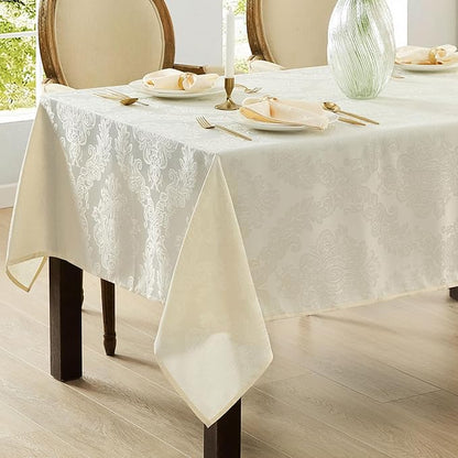 Newbridge Barcelona Luxury Damask Fabric Tablecloth, 70” Extra Wide x 108” Rectangle, Antique White, 100% Polyester, No Iron, Soil Resistant Dining Room, Party and Banquet Table Cover