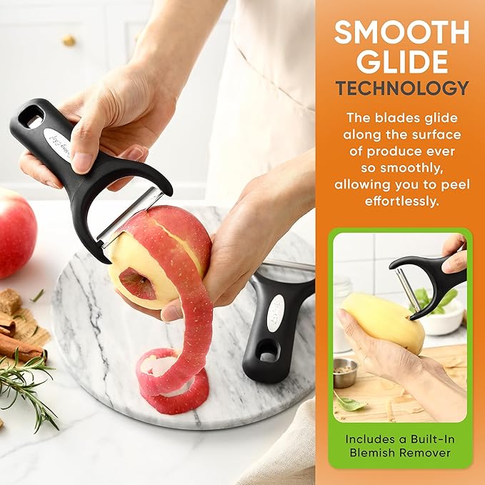 Spring Chef Stainless Steel Vegetable Y Peeler for Kitchen, Dishwasher Safe Potato Peelers with Ultra Sharp Blades & Soft Grip Handle, Perfect for Apple, Carrot, Cucumber, Veggie - Set of 2 - Black