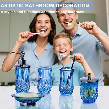 Bathroom Accessories Set,5 Pcs Blue Glass Bathroom Accessory Set,Complete Lotion Soap Dispenser,Toothbrush Holder,Soap Dish,Tumbler & Jar,Modern Bathroom Decor Sets,Gift for Home Apartment,Round