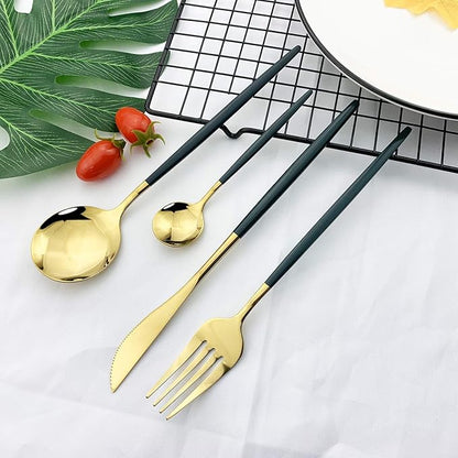 JASHII Flatware Serving Set 24 Piece, Stainless Steel Silverware Set, Green Gold Cutlery Set, Modern Elegant Tableware Set for Party, Christmas, Dinner (Green Gold)