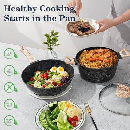 12 Pcs Pots and Pans Set, Nonstick Cookware Sets Black Granite Induction Cookware, Non-toxic Healthy Non Stick Kitchen Cooking Set with Frying Pans Set, Saucepans,Steamer (PFAS, PFOA, PFOS Free)