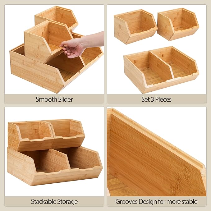 Pantry Storage Bins 3-Pack, Stackable Bamboo Containers for Potato & Onion Storage, Kitchen Organization & Decor