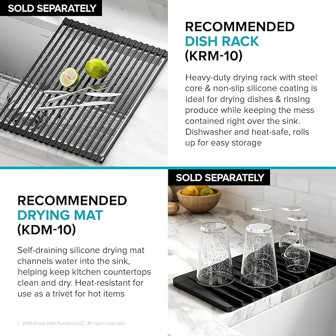 Kraus KHU101-21 Standart PRO 16 Gauge Undermount Single Bowl Set (4 Item Bundle: Sink, Bottom Grid, Drain Assembly, Kitchen Towel), 21 Inch, Stainless Steel