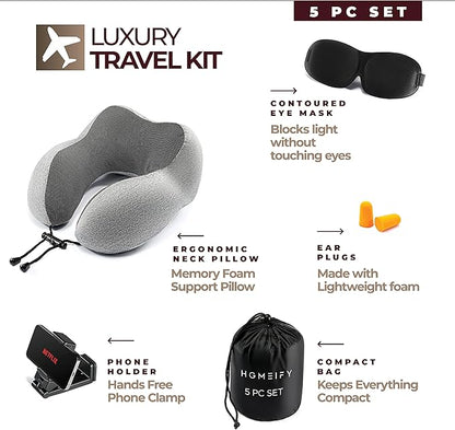 Airplane Neck Pillow Includes Travel Pillow + Airplane Phone Holder Mount + Eye Masks + Earplugs for Travel, 100% Pure Memory Foam Travel Pillow, 4 Pc Travel Kit, 2 Pack