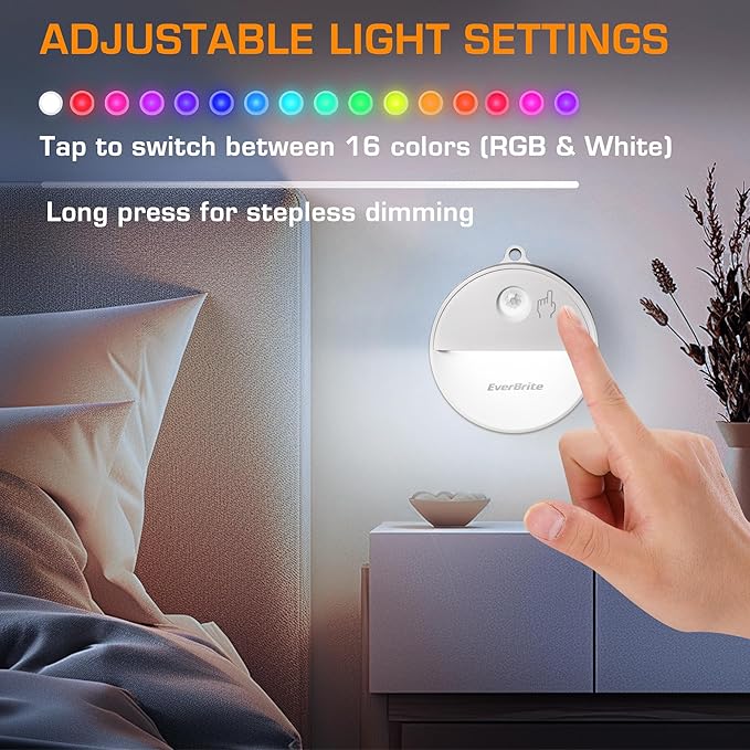 EverBrite LED Motion Sensor Night Light, Dimmable Night Lights with 15 RGB Colors, Cool White Motion Activated LED Night Light for Stairs, Hallways, Bathroom - with 18 AAA Batteries, 6-Pack