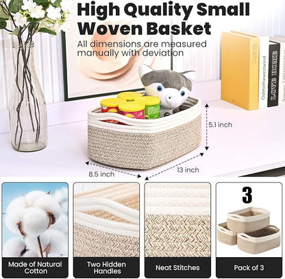 Small Baskets for Organizing, Decorative Storage Baskets for Shelves, Storage Bins, Woven Baskets for Storage, Mini Basket for Nursery, 13"×8.5"×5.1" (3 Packs) Off White & Brown