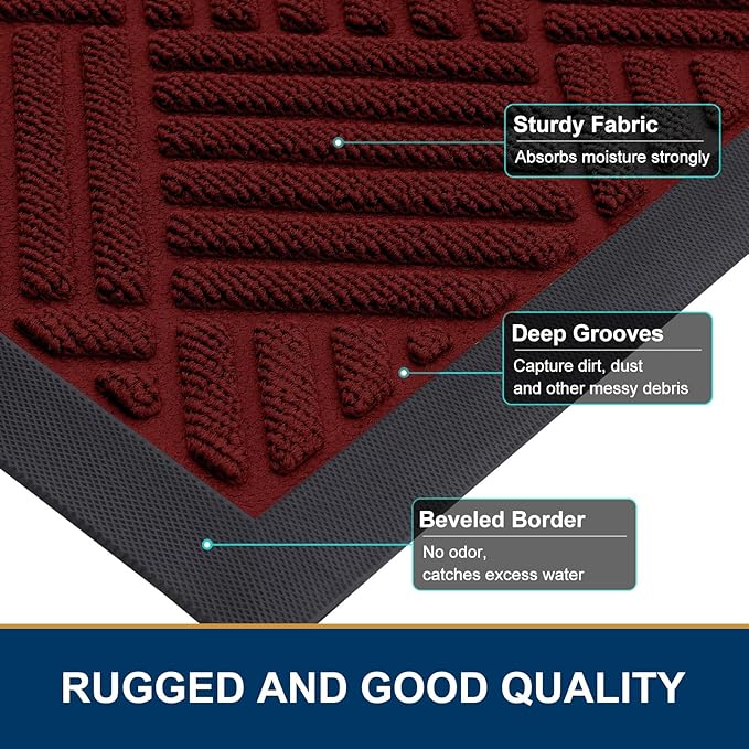 Smiry Front Door Mat Outside Entrance, Heavy Duty Outdoor Indoor Mat, Natural Rubber Doormat, Non Slip, Trap Dirt and Moisture, Easy Clean, Low Profile Patio Porch Entryway Mat, 29.5x17, Red