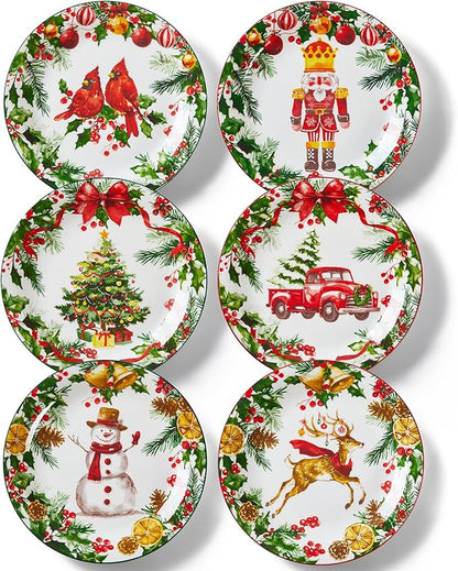 Christmas Salad Plates, 8 Inch Ceramic Plate Set, Appetizer Dishes for Pasta, Side Dishes, Holiday Treats, Dishwasher & Microwave Safe, Set of 6