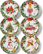 Christmas Salad Plates, 8 Inch Ceramic Plate Set, Appetizer Dishes for Pasta, Side Dishes, Holiday Treats, Dishwasher & Microwave Safe, Set of 6