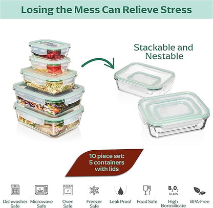 Fusion Gourmet Large Glass Food Storage Containers with Lids [5 Pack, 72 oz, 9 Cup], Airtight, Leakproof, Microwave and Oven Safe Borosilicate Glass