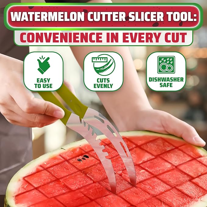 Stainless Steel Watermelon Slicer Tool – 9.05" x 1.5" Watermelon Cutter Tool Cuts 1 In Cubes & Slices – Ergonomic Handle, Mess-Free Fruit Cutting for Cantaloupe, Honeydew, Papaya & Other Summer Snacks