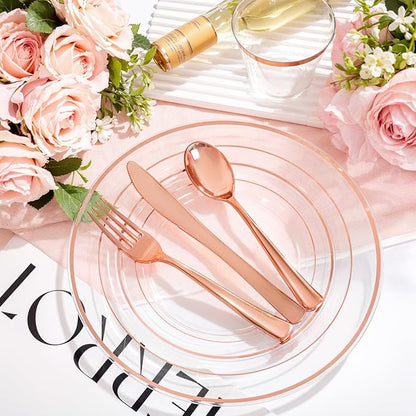 bUCLA 150PCS Clear Rose Gold Disposable Dinnerware set - Rose Gold Plastic Plates Include 25 Dinner / 25 Dessert Plates, 25 Knives, 25 Forks, 25 Spoons, 25 Cups for Party, Wedding & Mother's Day