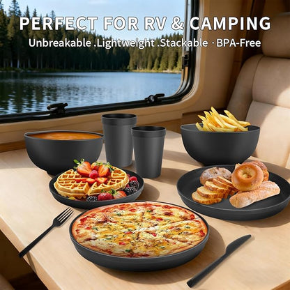 40 Piece RV & Camping Dinnerware Set, Elegant Ceramic-Look Large Bowls & Plates, Unbreakable & 100% Microwave Safe, Melamine Alternative Service for 8, Brown
