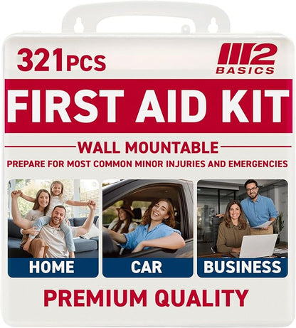 M2 BASICS Premium 321 Piece First Aid Kit - First Aid Kit for Home, Car, Business, Office, School, Travel, Camping, Outdoors - Emergency Medical Supplies, Durable Portable Hard Case