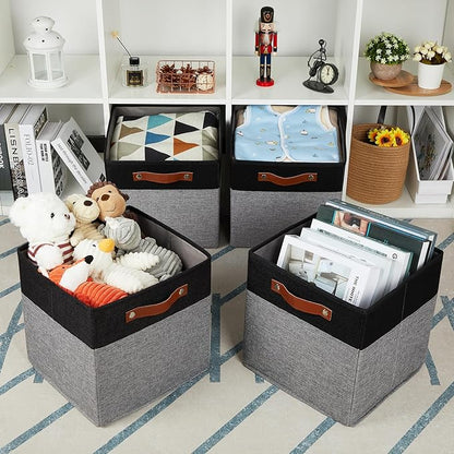 HNZIGE Cube Storage Baskets,Fabric Storage Cubes 12 x 12, Set of 4,Decorative Storage Baskets for Organizing with Handles,Closet Bins for Shelf Organizer Home Toy Nursery Closet(Black Gray)