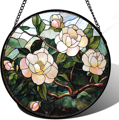 Stained Glass Suncatcher, Light Pink Flowers Green Leaf Sun Catcher Plant Stain Glass Window Hanging Decoration Mother's Day Birthday Gifts for Women Men Mom Nana 11.8 in
