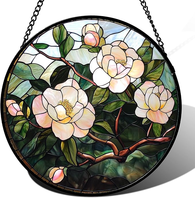 Stained Glass Suncatcher, Light Pink Flowers Green Leaf Sun Catcher Plant Stain Glass Window Hanging Decoration Mother's Day Birthday Gifts for Women Men Mom Nana 6.3 in