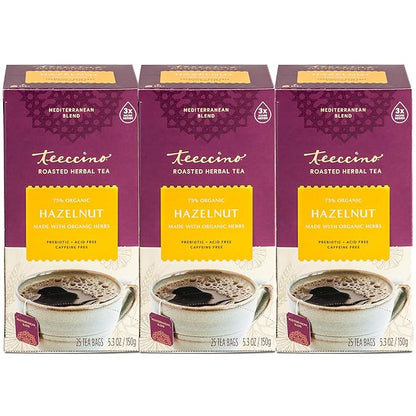 Teeccino Hazelnut Herbal Tea - Rich & Roasted Herbal Tea That’s Caffeine Free & Prebiotic for Natural Energy, 25 Tea Bags (Pack of 3)