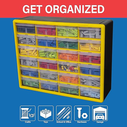 Akro-Mils 24-Drawer Plastic Drawer Storage Cabinet for Garage Organization, Bead Organizer, Building Bricks Storage, Teacher Toolbox, Makeup Organizer, 20" W x 6" D x 16" H, 10124 Yellow