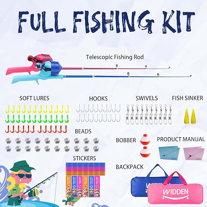Kids Fishing Pole, Telescopic Fishing Rod, Toddler Collapsible Fishing Rod and Reel Combo with Tackle Box, Fishing Line, Bobber, and Soft Lures for Boy, Girl, Youth, Beginner, Over 4 Years Old