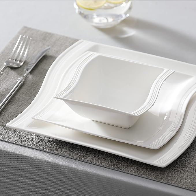MALACASA Plates and Bowls Sets, 26 Pieces Ivory White Porcelain Dinnerware Sets
