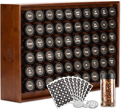 AllSpice Spice Rack Organizer, Wood, 525 Unique Labels, Countertop or Wall Mount, Includes 60 4oz Jars- Walnut Stain