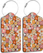 2 Pack Luggage Tag for Suitcase,Vintage Groovy Flowers Leather Suitcase Tags Identifiers with Privacy Name Address Labels and Durable Steel Loop for Women Men Travel