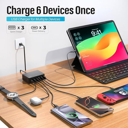 TT&C 100W USB-C Fast Charger, GaN III 6 Port PD+QC Multiport Charging Station Hub Block Cube, USB-C Wall Charger Power Strip Adapter Plug for iPhone 17,17 Air,16,15, Pro Max, Galaxy S25, S24-5ft Cord