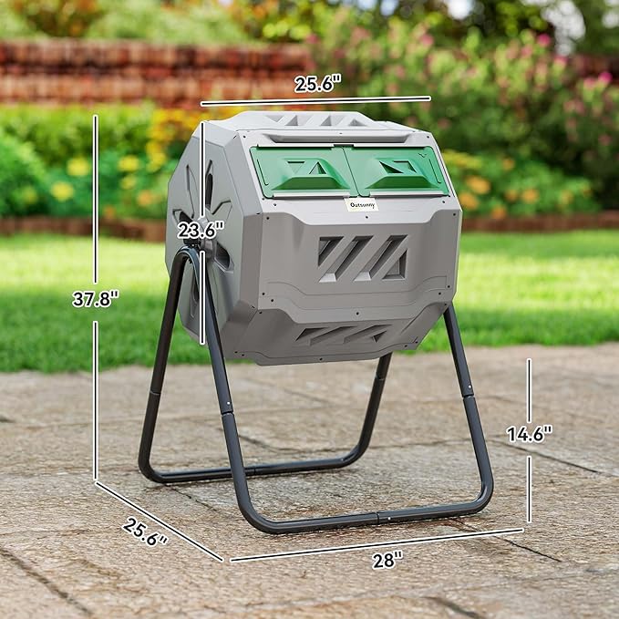 Outsunny Tumbling Compost Bin Outdoor 360° Dual Chamber Rotating Composter 43 Gallon, Light Gray