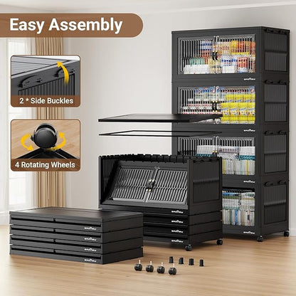 BROVIEW 800Qt Extra Large Stackable Storage Bins with Lid, Closet Organizer Collapsible Drawer Boxes with Wheels, Folding Plastic Cabinet Containers for Home Kitchen Room Organization, 4Pack Black