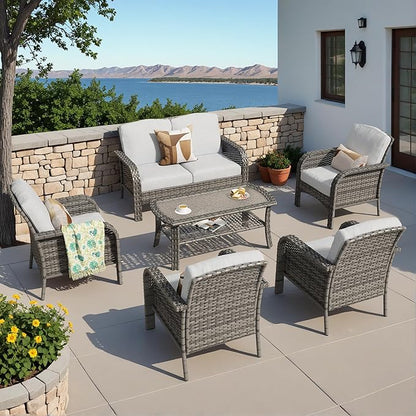 HOOOWOOO Patio Furniture Set,6 Pieces Outdoor Conversation Set,All Weather Wicker Loveseat Sofa Set with High Back Chairs Table,Light Gray