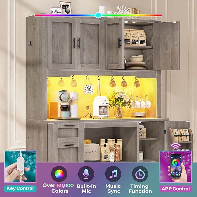 Itaar 71" Pantry Cabinet with Charging Station and LED Light, Kitchen Pantry Cabinet with Microwave Stand, 47.2" Wide Kitchen Storage Cabinets with Storage Cart 3 Tier for Dining Room, Grey