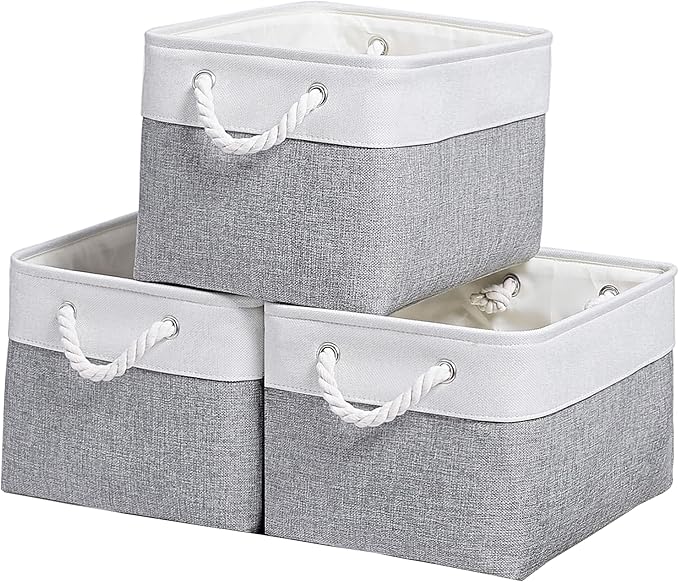 15x11x9.5 Inch Storage Baskets for Shelves,3 Pack Storage Bins，Foldable Organizer Boxes, Decorative Storage Basket for Organizing Clothes, Toys, Books, Foldable Cloth Baskets (White&Gray)