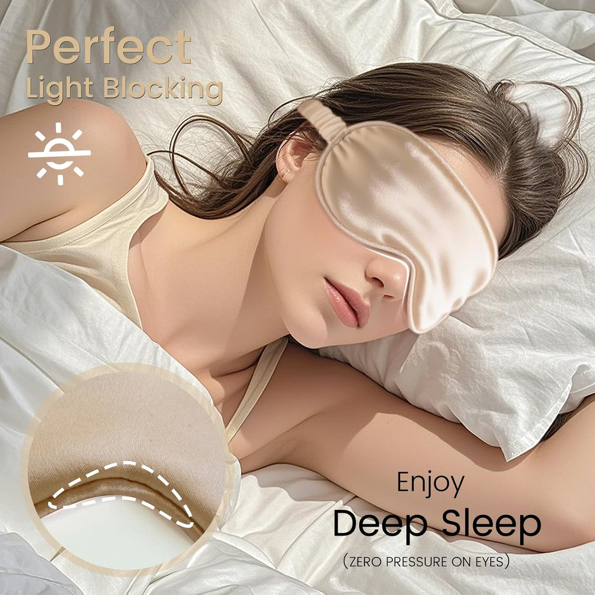 Pure 22 Momme 6A Grade Mulberry Silk Sleep Mask for Side Sleepers - 100% Blackout Eye Mask with Travel Pouch (Champagne)
