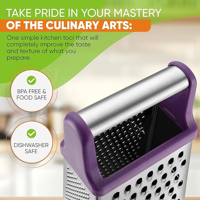 Spring Chef Purple Professional Stainless Steel XL Parmesan Cheese Grater with Handle - Manual Box Grater for Kitchen, 4 Sides, Dishwasher Safe Food Shredder for Vegetable, Potato, Hard Cheese, Carrot