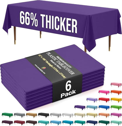 Exquisite 66% Thicker Premium Plastic Table Cloth Rectangle Table Cover 0.5 Mil 6 Pack Purple Table Cloth 54 Inch x 108 Inch Disposable Tablecloth Won't Tear Easily Like Cheap Thin Brands