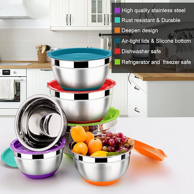 LIANYU Nesting Mixing Bowls Set of 6 with Airtight Lids, Size 7, 3.5, 2.5, 2, 1.5, 1QT, Large Stainless Steel Metal Bowls for Baking Cooking Food Storage, Non-slip Bottom, Colorful