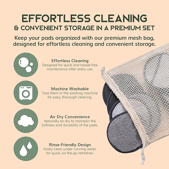 Greenzla Reusable Makeup Remover Pads Premium Set, 12 Pack Microfiber Cotton Pads, Charcoal Cotton Rounds, Bamboo Terry Face Wipes for All Skin Types with Mesh Laundry Bag and Bamboo Storage