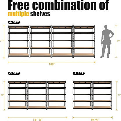 PrimeZone 48" W x 24" D x 72" H Heavy Duty Storage Shelves, 5 Tier Adjustable Garage Shelving Unit, Metal Organizer Shelf Utility Rack for Warehouse Pantry Closet Kitchen, Black, 8 Pack